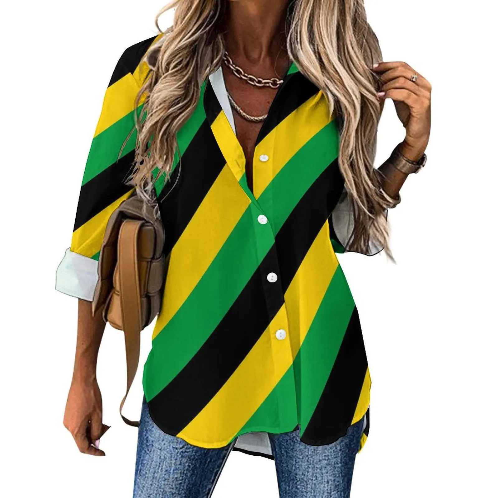 

Jamaica Flag Colors Casual Blouse Long-Sleeve Diagonal Striped Office Work Blouses Woman Street Fashion Oversized Shirt Top