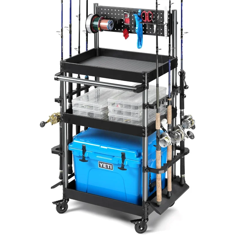 

Savior Equipment Mobile Tackle Station 16 Fishing Rod Holder Cart w/Wheels,3-Level Fishing Gear Storage Pole Organizer