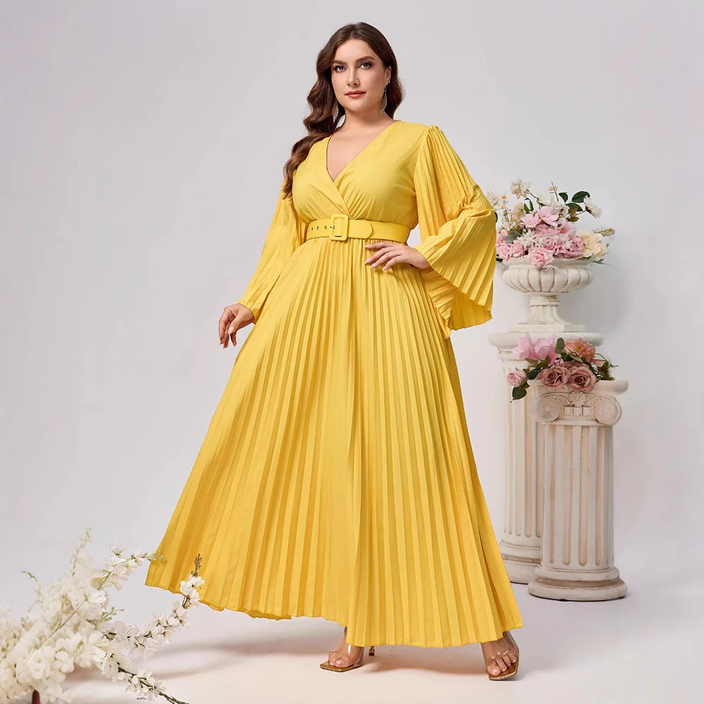 

Plus Size Women Evening Dress Elegant Solid Long Sleeve Pleated Deep V-Neck Loose A-Line Lace-up Autumn Party Club Prom Dresses