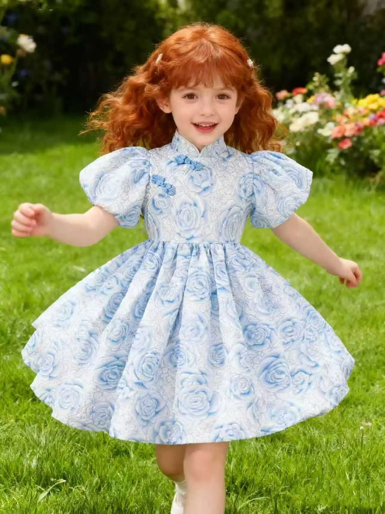 Sommer Mädchen Chinesischen Stil Blase Ärmeln Rose Print Prinzessin Kleid Modische Schnalle Verbesserte Cheongsam Kleid