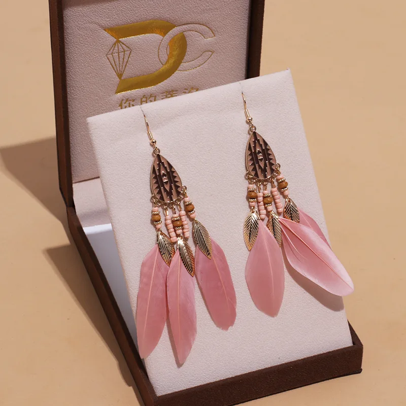 Bohemian Ethnische Lange Feder Ohrringe Boho Wasser Tropfen Gold Farbe Kette Quaste Ohrringe für Frauen Braut Hochzeit Schmuck – Detail 15