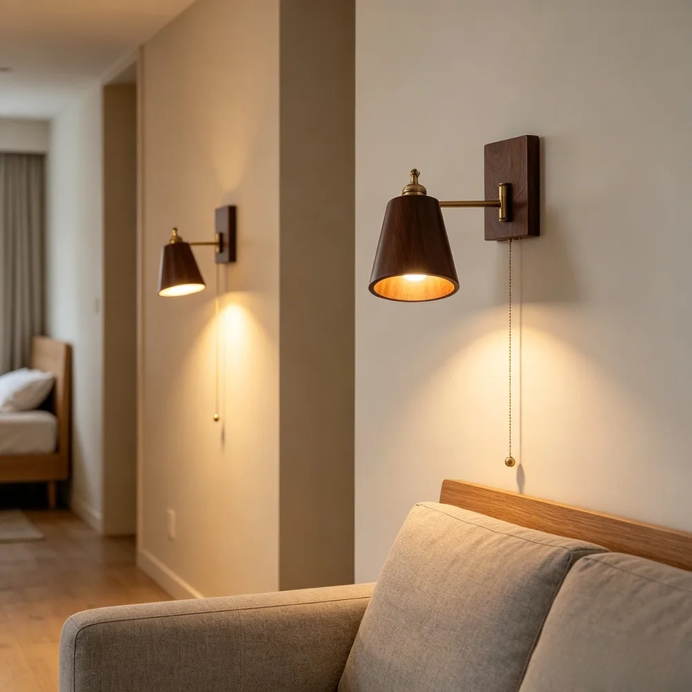 Walnut Ash Wood LED Wall Lamp Sconce Beside Pull Chain Switch Plug in Home Indoor Lighting Bathroom Mirror Stair Light