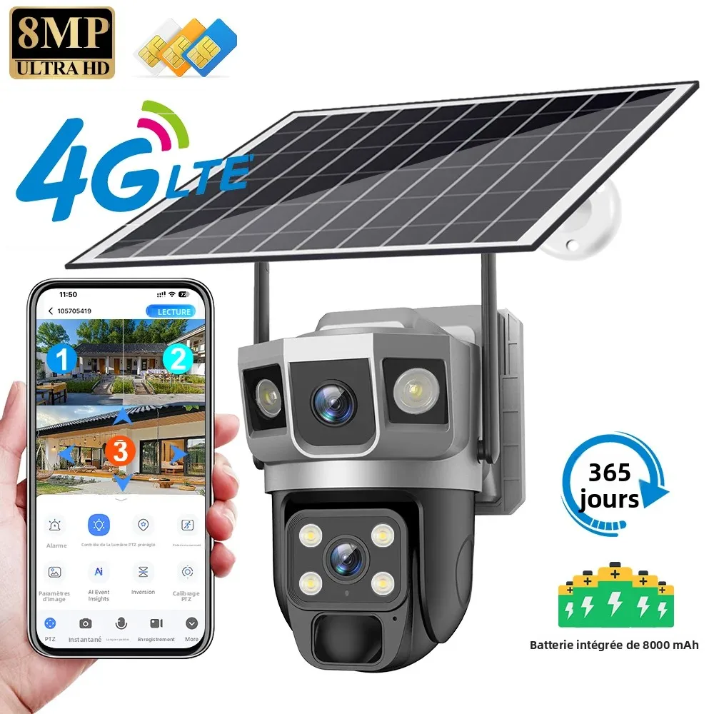 Caméra de surveillance extérieure solaire V380 Pro 4G avec détection humaine PIR, vision nocturne, étanche, 4K PTZ, batterie, vidéo surveillance CCTV, moniteur IP