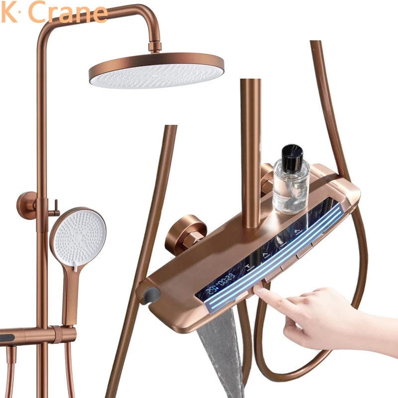 Rose Gold Bath Shower Set Bathroom LED Digital Hot Cold Thermostatic Mixer Shower System Bathtub Wall Mount SPA Rain Fall Faucet