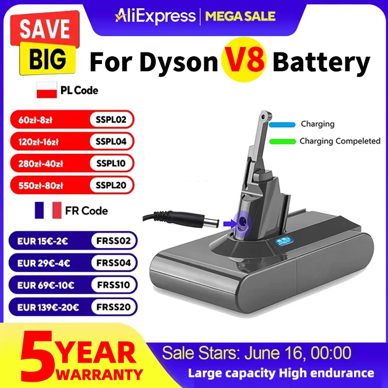 

For Dyson V8 6000mAh/8000mAh 21.6V Battery Absolute V8 Animal Li-ion SV10 Vacuum Cleaner series Rechargeable batterie dyson v8