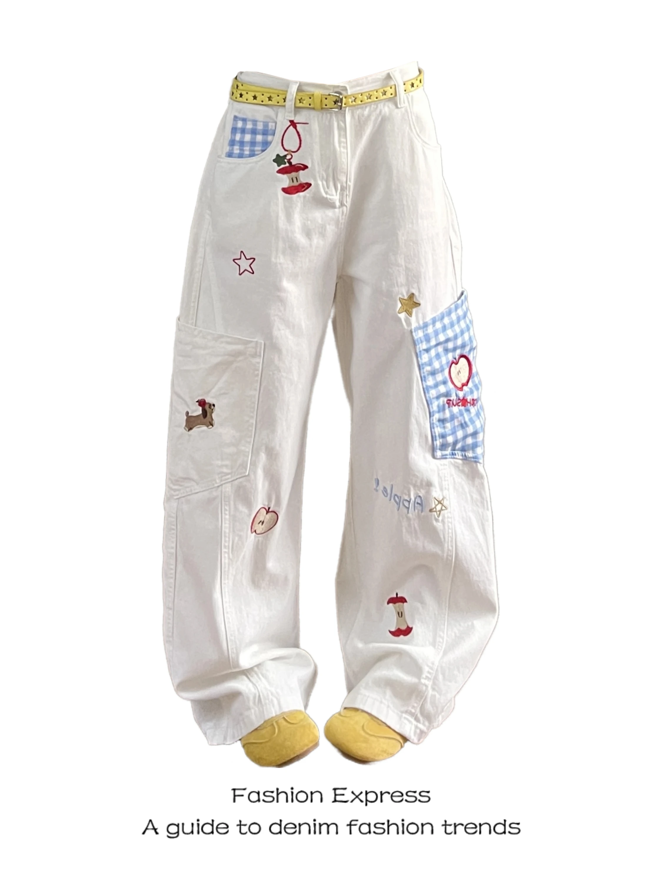 

White Wide Leg Jeans Women's Spring Autumn New American Retro Embroidery Design Loose Trousers High Waist Denim Pants
