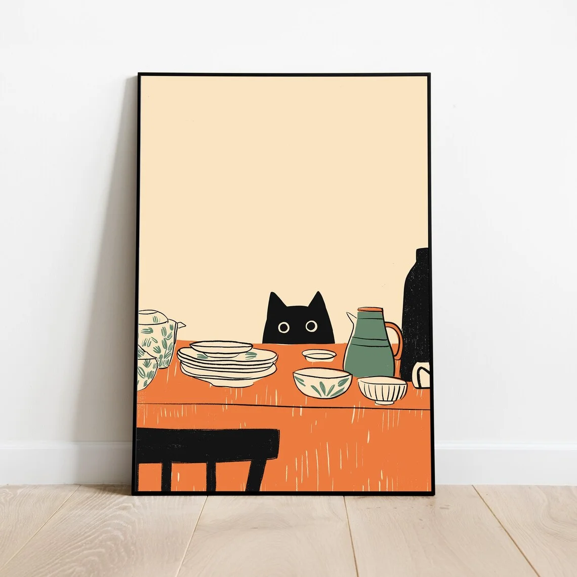 Minimalist Kitchen Cat Wall Print Decor - Whimsical Illustration of a Curious Black Cat Peeking Over a Vibrant Orange Kitchen