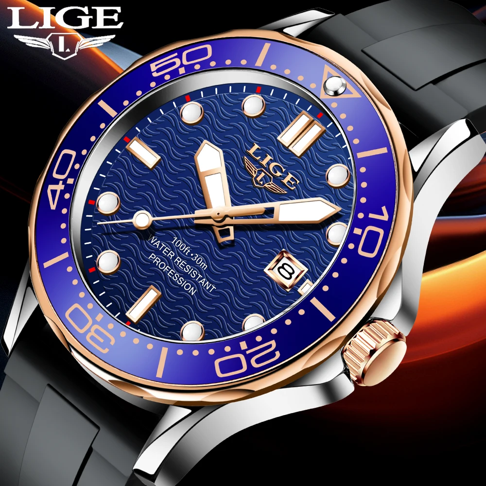 LIGE Men Watch Fashion 360° Rotating Bezel Design Quartz Wristwatches For Men Silicone Sport Waterproof Watch Men Montre Homme