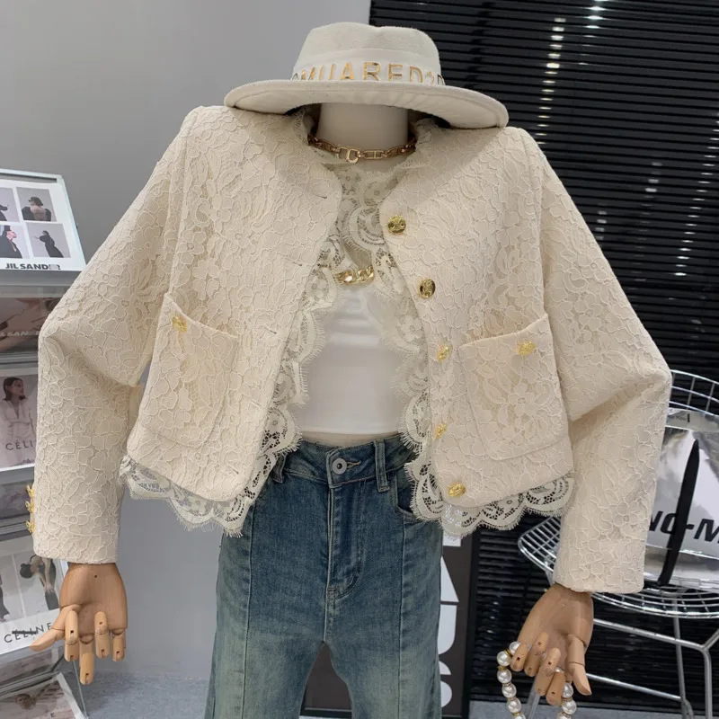 High-end Small Fragrant Style Elegant Ladies Lace Splice Single Breasted Short Coat 2023 Autumn New Streetwear Vintage Outwear