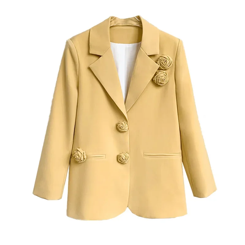 Elegante dolce 3D fiori giallo giacca da donna 2022 autunno inverno nuovi vestiti allentati ufficio giacca sportiva da donna cappotto capispalla Top