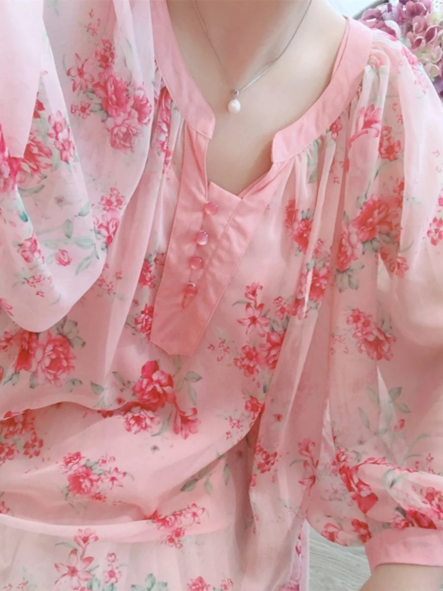 

Sweet Fre Floral Print Midi irt Thin Lantern Sve Stand Collar Summer Top for plus Size Women Casual Cotton Blend