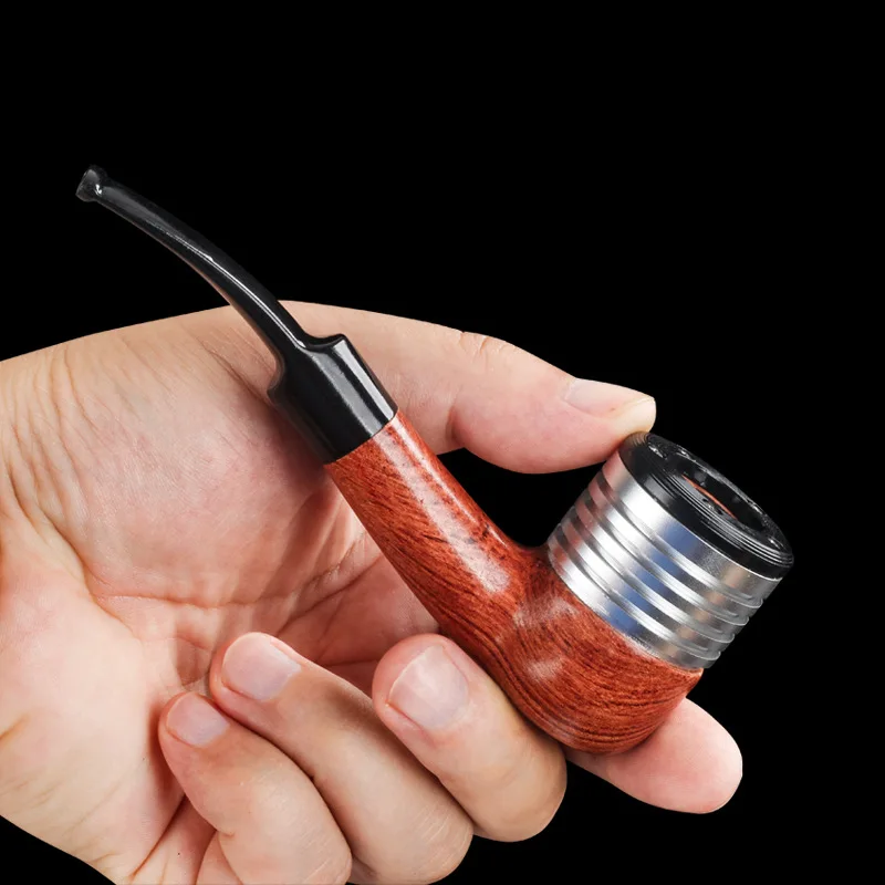 Solid wood mahogany metal spliced dry tobacco pipe portable traditional 9mm flue filter mouthpiece