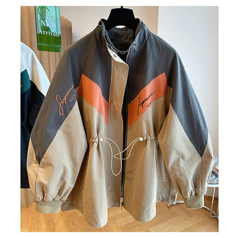 Design sense niche loose casual color blocked hooded trench coat for women in spring and autumn,  waist cinched top, outer