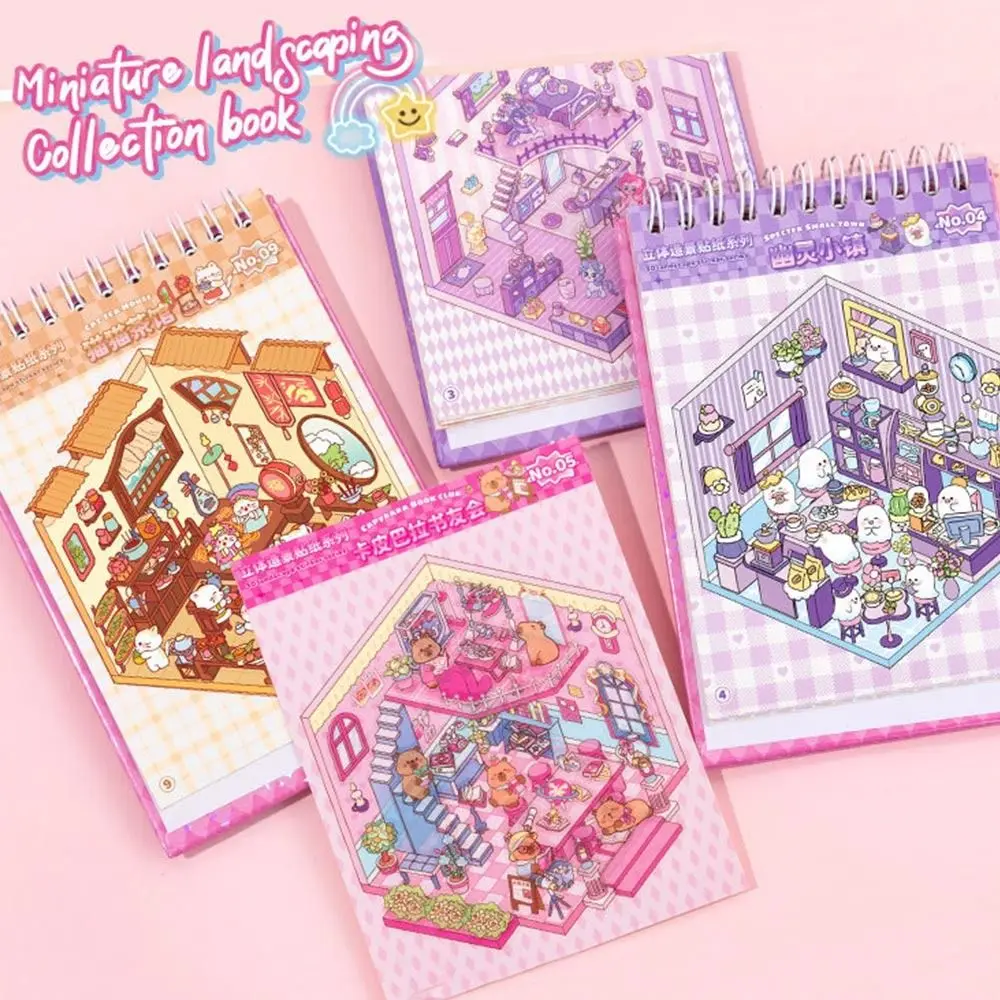 New PET Miniature Scene Collection Visual Stacking Cartoon 3D Pocket Cabin Scene Stickers DIY 3D Landscape Sticker Book Kids