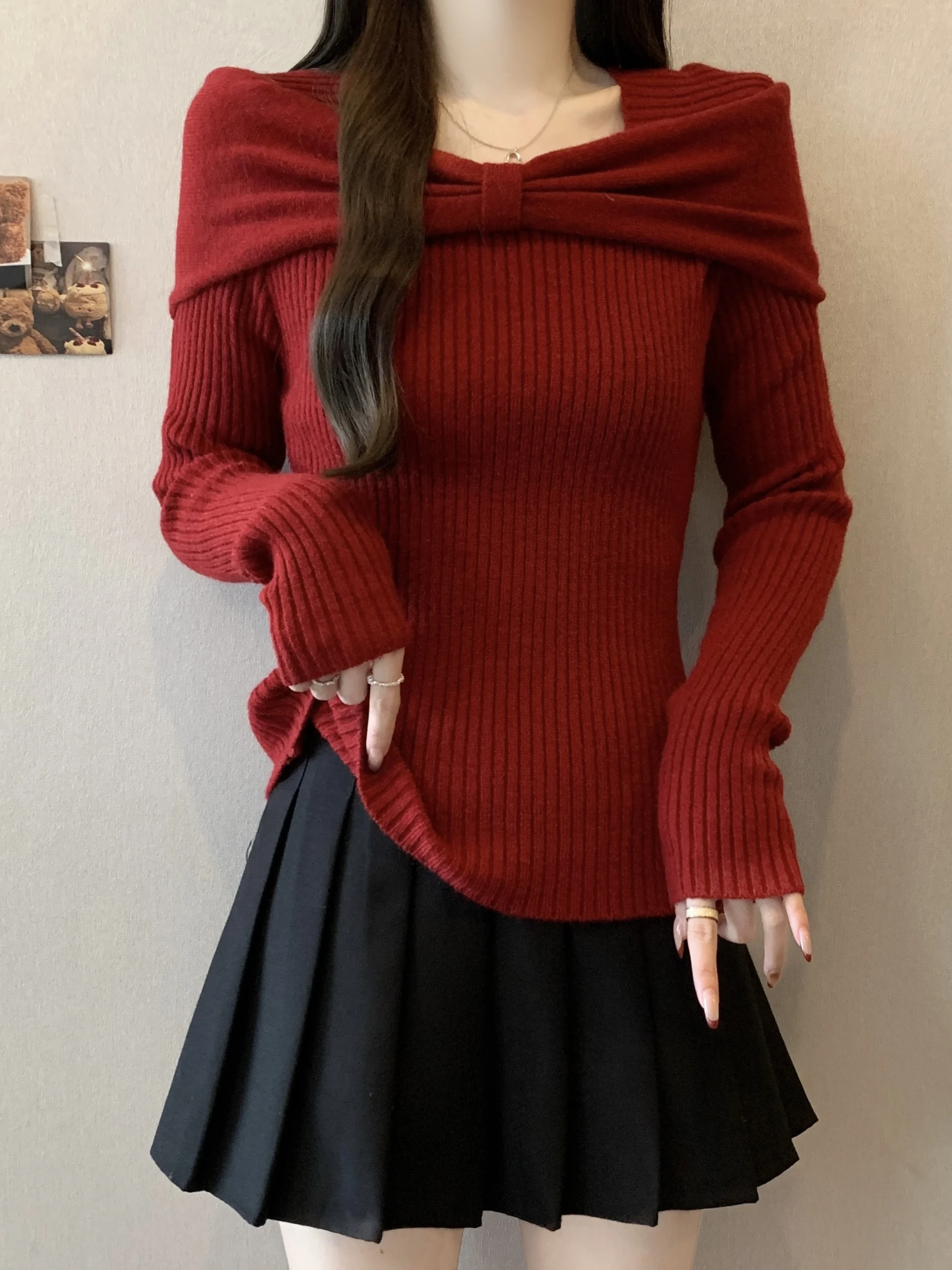 

Red Knitted Sweater with Big Size Knot Design for Autumn Winter plus Size Women's Base Layer irt Top French Sle...