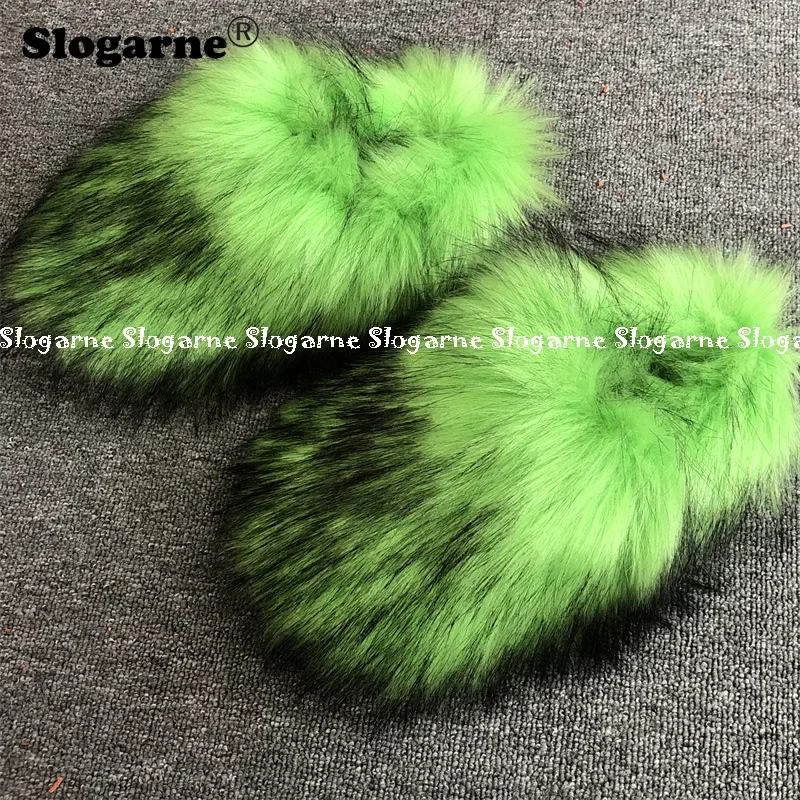 New Winter Faux Raccoon Dog Fur Slippers Women 2024 Warm Luxury Furry Faux Fur Slippers Gril Home Cotton Shoes Indoor Fur Slides