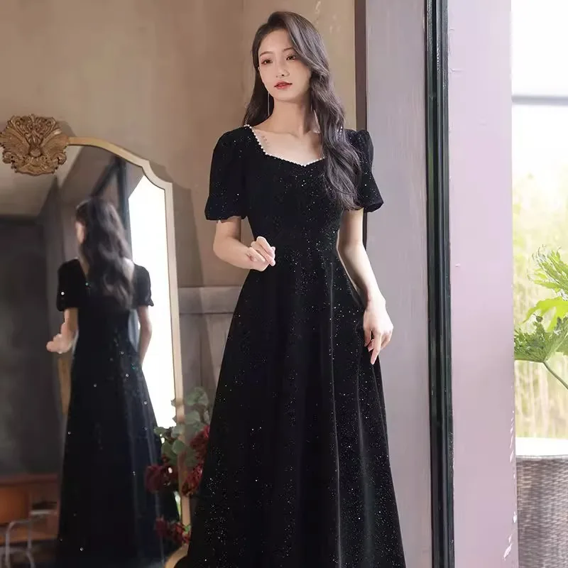 

Черный бархатный костюм для женщин больших размеров: модный наряд для выступлений, короткий рукав, средняя талия, для свадебных вечеринок