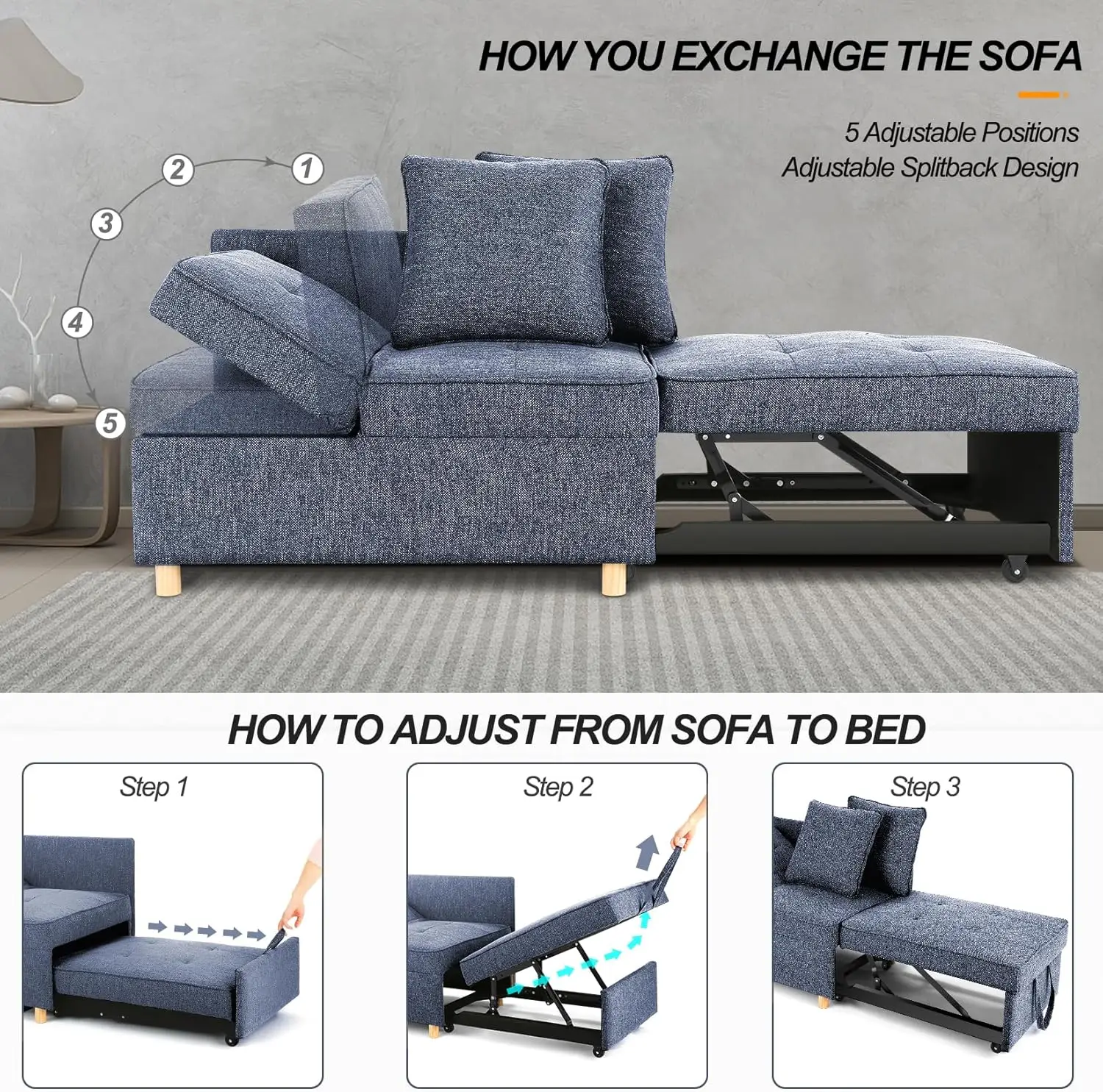 Four in one convertible sofa and long sofa, 3-seater linen double sofa with 2 pillows, 5 adjustable backrests, blue image 4