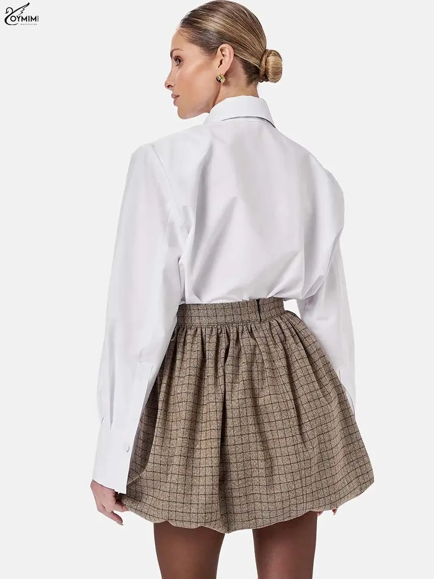 Oymimi Elegant White Two Piece Outfits Woman Fashion Long Sleeve Button Shirts And Print High Waisted Pleated Mini Skirts Sets