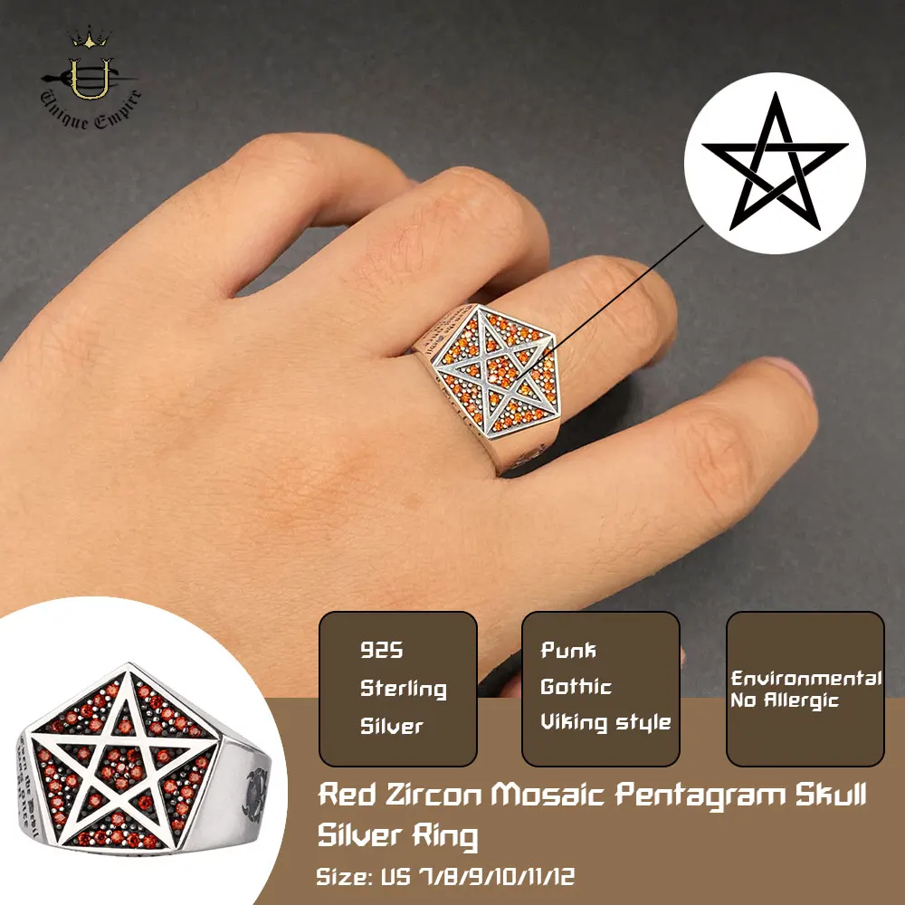 

925 Sterling Silver Skull Pentagram Adjustable Ring Fashionable Men's Red Zircon Engagement Wedding Ring Art Decoration Jewelry