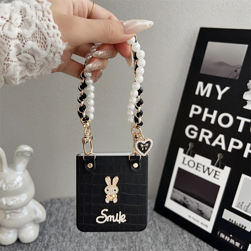 الفاخرة ديامود أرنب التمساح بو الجلود القضية لسامسونج غالاكسي Z Flip7 FE 6 5 4 3 اللؤلؤ سلاسل الحبل حزام غطاء مقاوم للصدمات