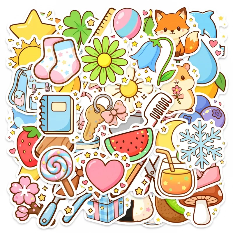 

50PCS Cartoon Small Fresh PVC Sticker Aesthetic Colored DIY Sticky Decoration Scrapbooking Hand Accounting Stationery Supplies