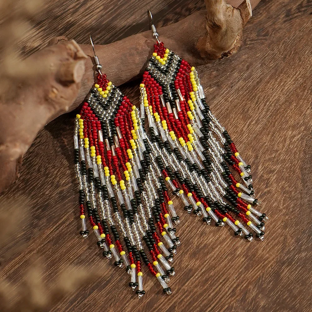 

ZGMXR Rice bead earrings Tassel Gradient Geometry Design Originality Bohemia Hand knitting Alloy Fashion Simple Beaded earrings