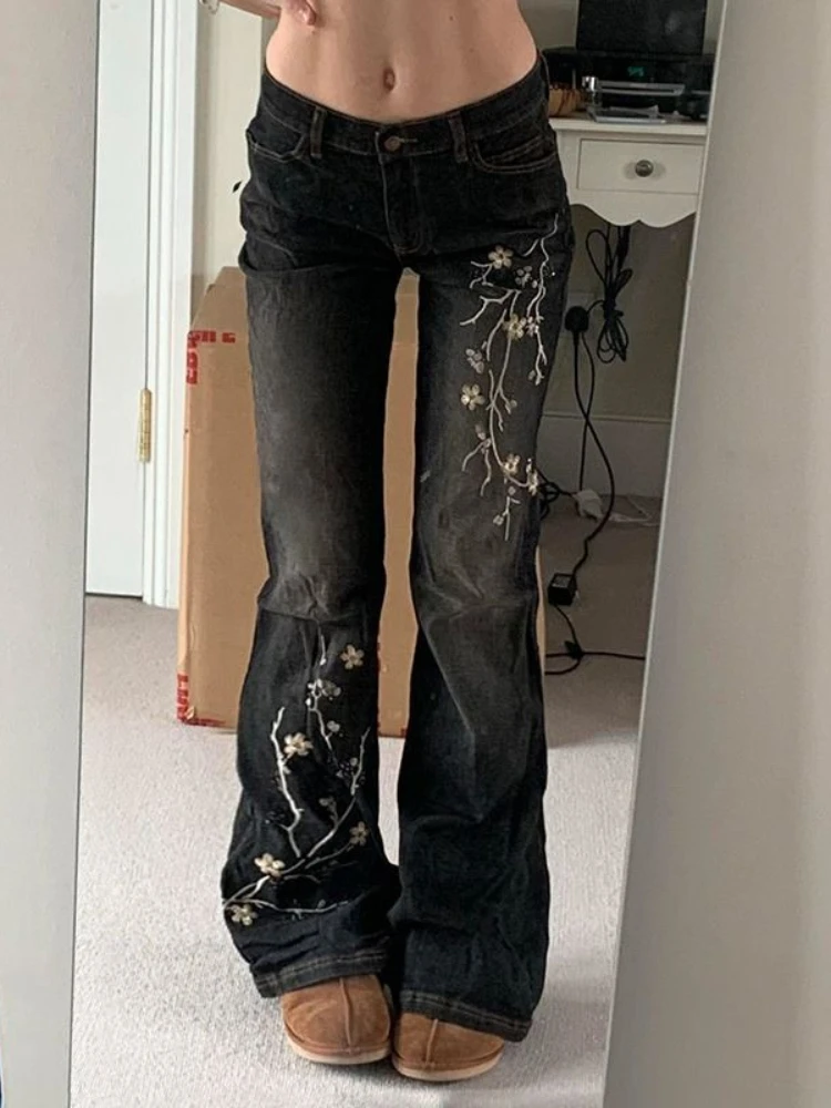 

Американские винтажные джинсы в полный рост, женские джинсы с цветочной вышивкой на молнии, тонкие джинсовые потертые ретро с низкой талией, осень 202, осень