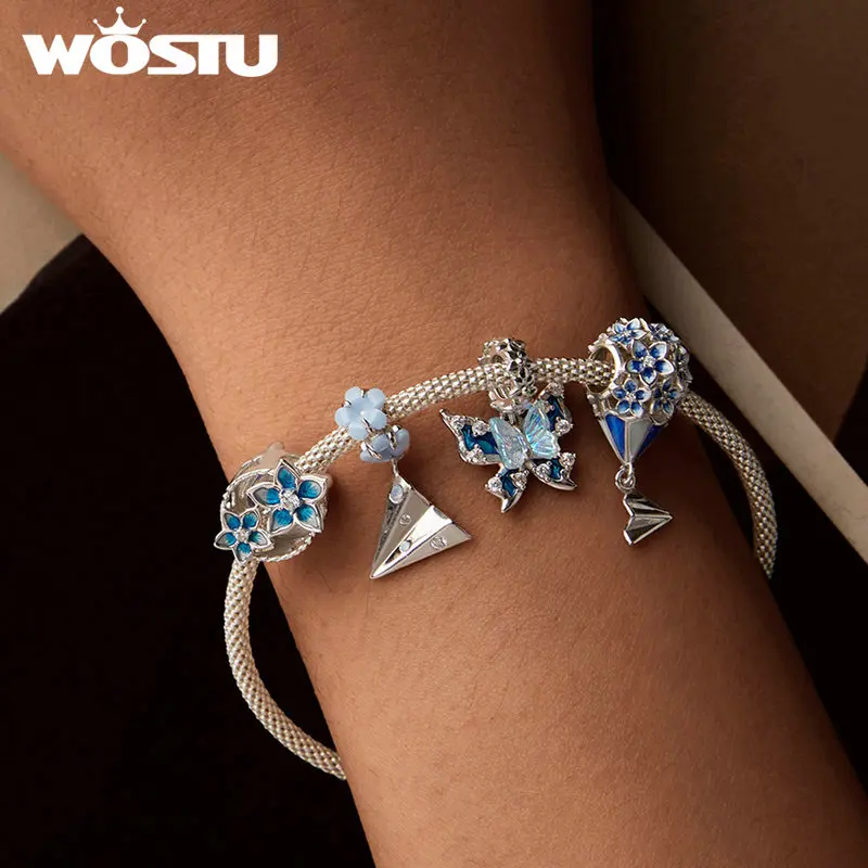 WOSTU 925 Sterling Silver Blue Butterfly Charms Paper Plane Pendant Flower Beads Fit Original Bracelet Necklace DIY Party Gift