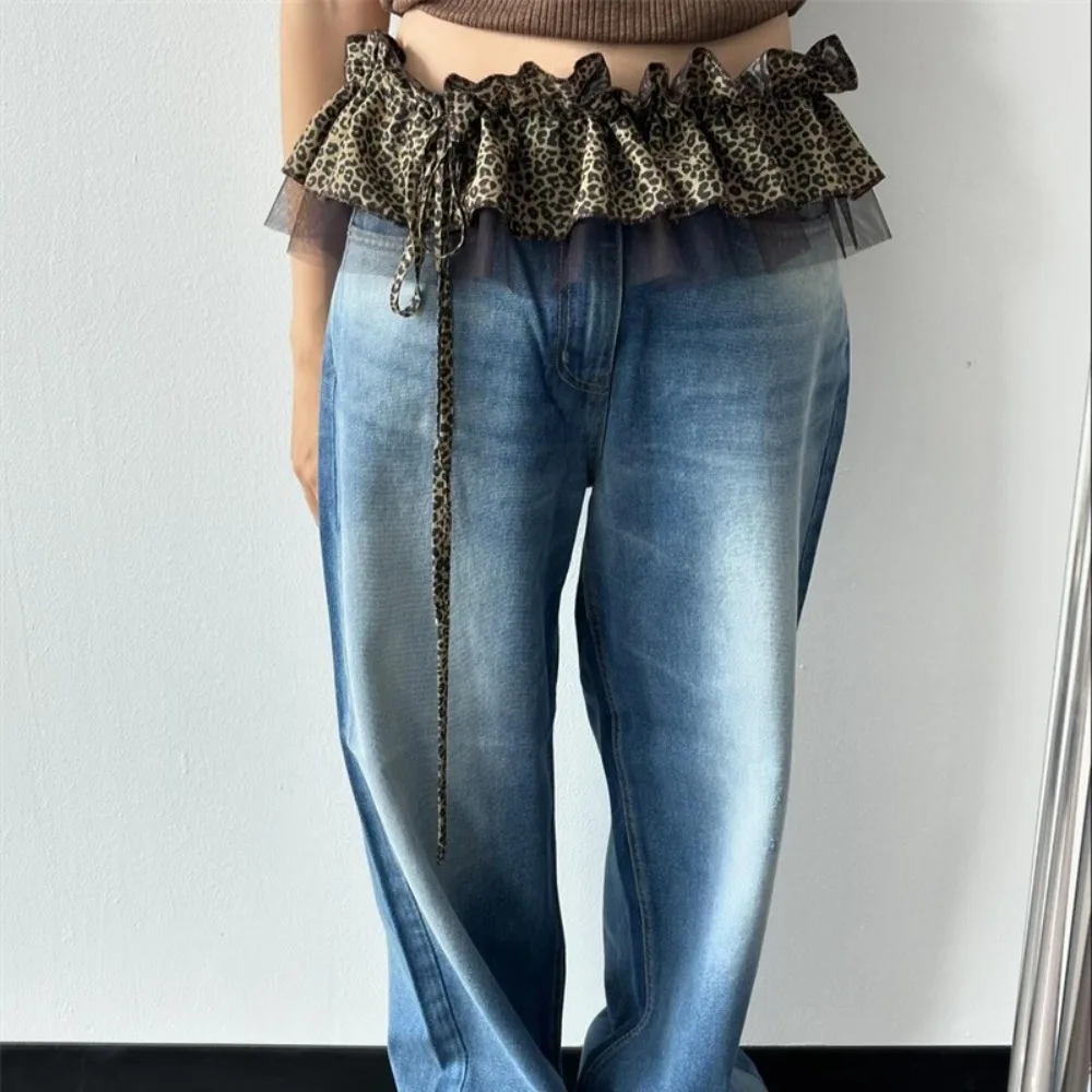 Hip-hop Stampa leopardata Sciarpa dell'anca Gonna Camicia Estensore Dolce bordo arricciato Cintura Y2K Strato di rete Abiti Cintura Accessori in vita