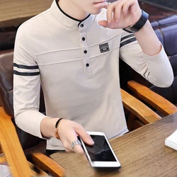 Men Clothing Spring Autumn Korean Fashion Print Button Basic Polo T-shirt Male Casual Stand Collar Long Sleeve Slim Cotton Tops