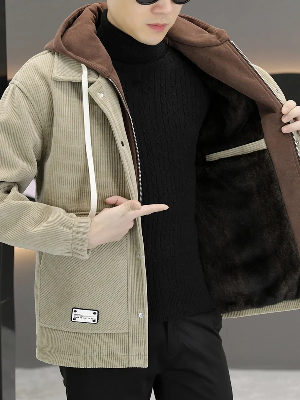 

Мужская модная куртка с капюшоном, осенне-зимняя, утепленная, на флисовой подкладке, свободного кроя, бархатное пальто, теплое, для повседневной носки, из полиэфирного волокна