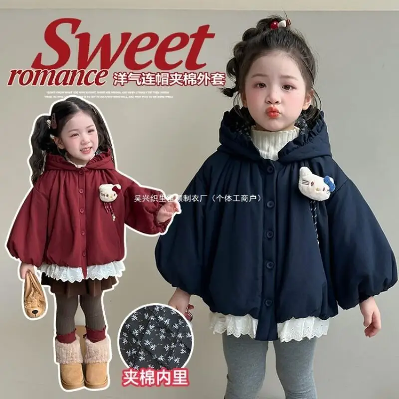 

Hello Kitty Girl Cotton jacket Kawaii Fashion Winter Student Casual Zipper Keep Warm Thickening Tops Lace Children's Clothing