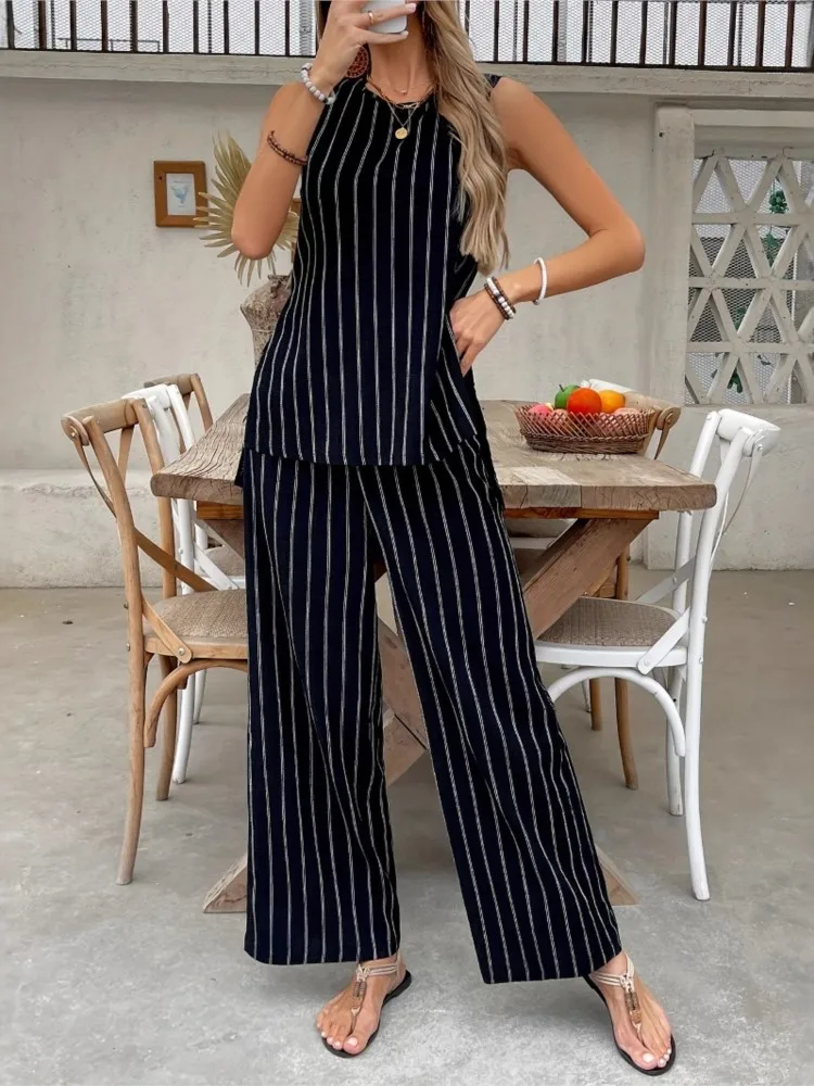 

Fashion Striped Print Two Piece Sets For Women Casual O Neck Sleeveless Tops+Wide Leg Pants Set Lady Summer Holiday Clothes New