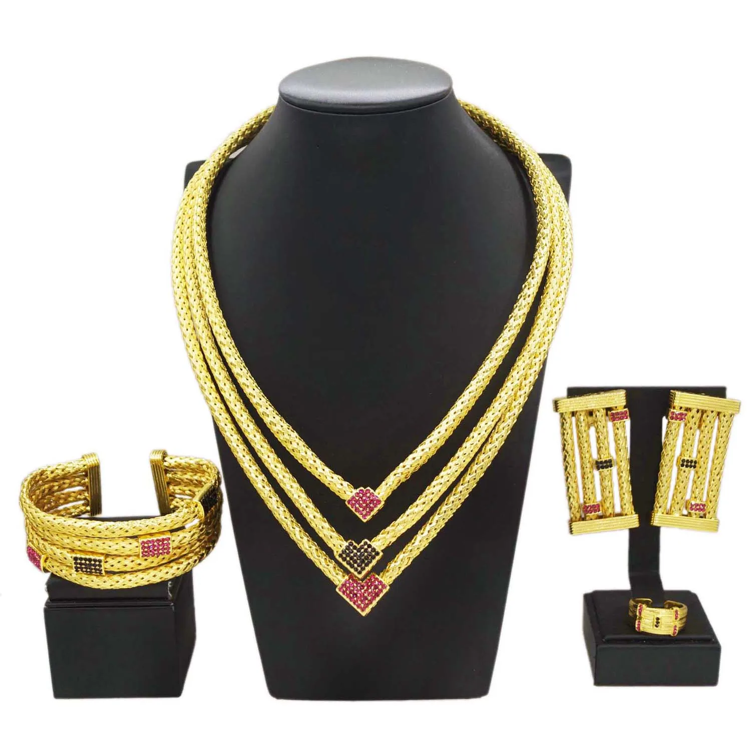 

Yulaili's new unique design jewelry set Italian gold plated three layer copper ring advanced African Dubai bride wedding necklac