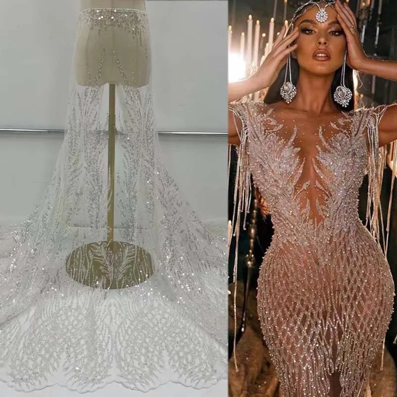 White Wedding Dress Mesh Bottom Beaded Tube Embroidered Sequin Fabric Dance Cocktail Dress Material Accessories