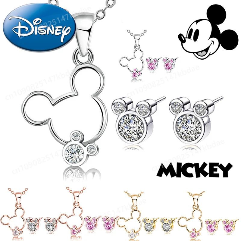 Disney Mickey Necklace Ear Stud Ring Cartoon Figure Kawaii Mouse Head for Women Simple Jewelry Pendent Accessories Birthday Gift