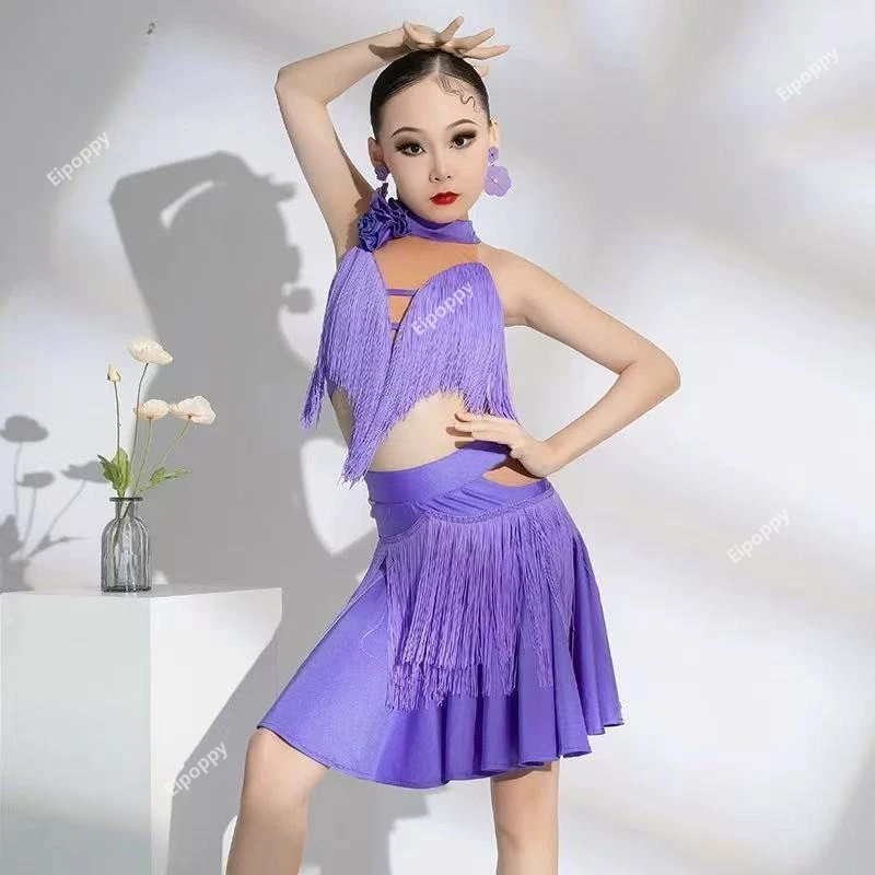 子供ラテンダンスドレス女の子の競技ウエストオフフリンジドレスチャチャサンバダンスパフォーマンスドレス