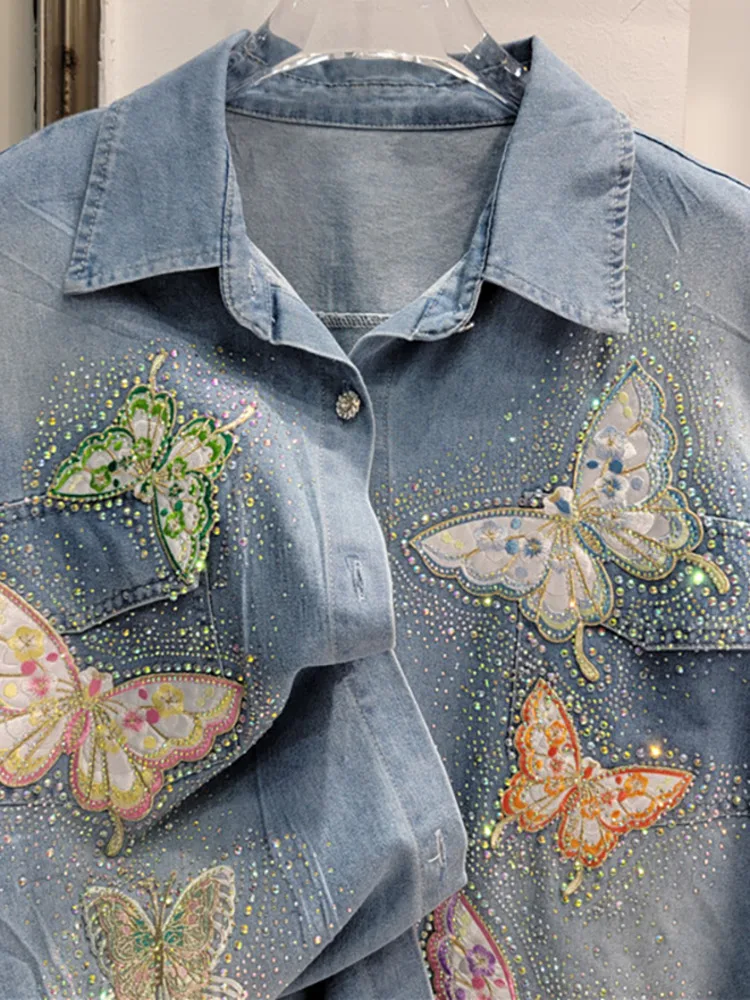 DEAT Women Denim Shirt Colorful Butterfly Embroidery Loose Diamonds Single Breasted Thin Blouse 2024 Autumn New Fashion 29L7273