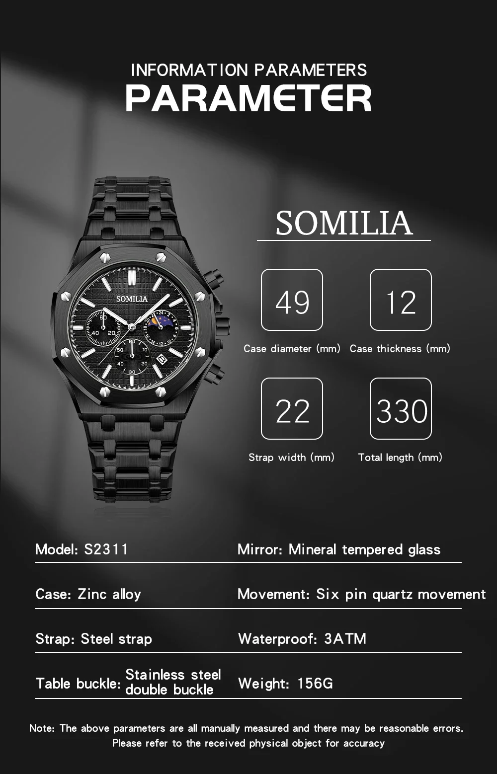 SOMILIA Top 2311 Reloj de cuarzo para hombre de gama alta tres ojos seis pines Luna multifuncional impermeable reloj de cuarzo para hombres de negocios