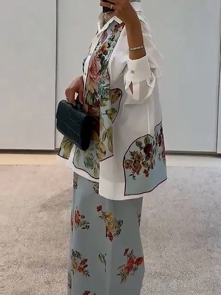 

Женская одежда в стиле ретро с цветочным принтом, весенняя рубашка с отложным воротником и пуговицами, комплекты пальто и широких брюк, осенний свободный костюм с длинными рукавами