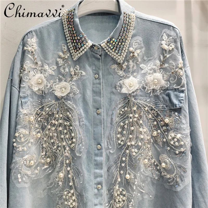 European Goods Heavy Beaded Sequined Lapel Denim Shirt Spring and Autumn New Fashion Loose Long-sleeved Casual Blouse Tops