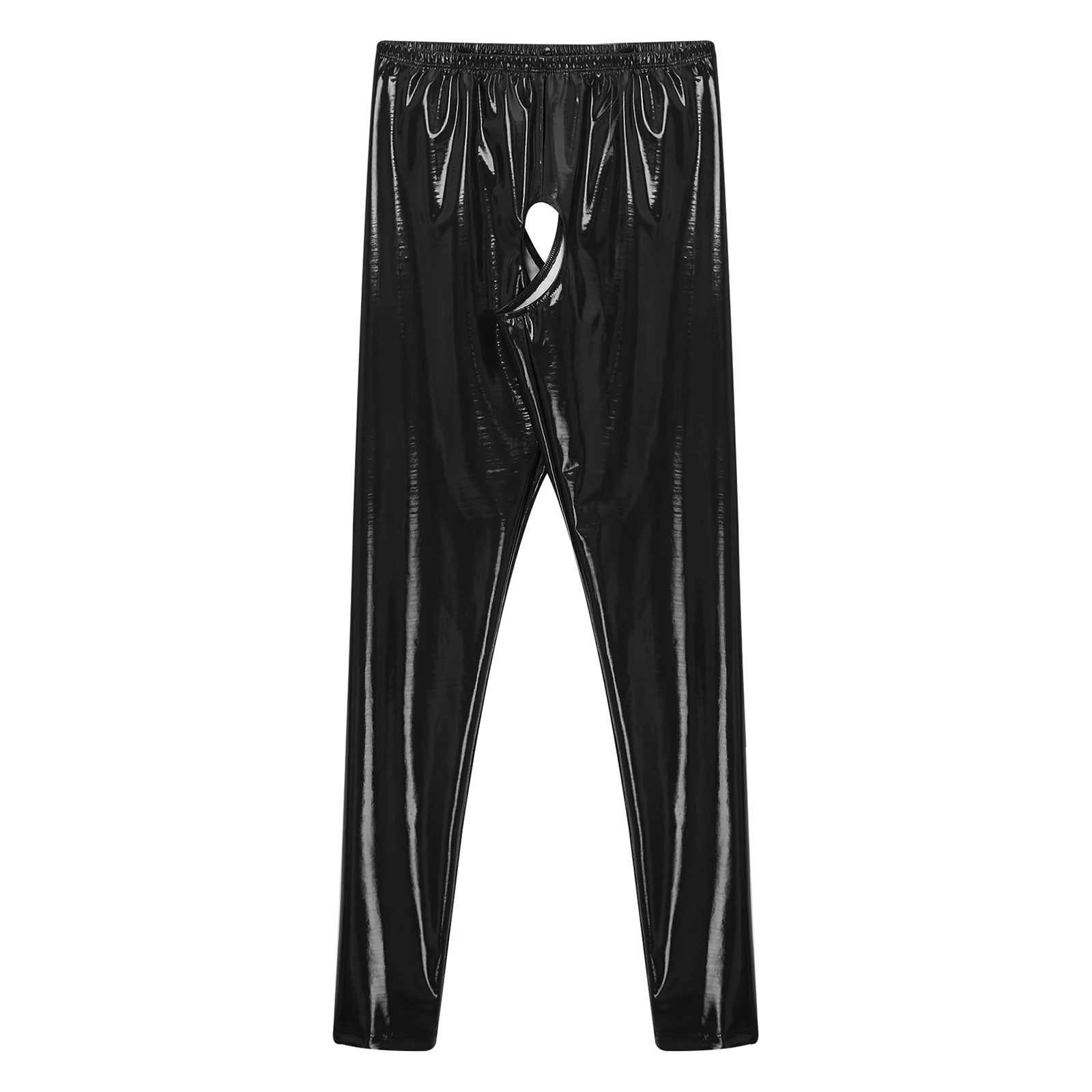 Womens Glossy Patent Leather Crotchless Pants Elastic Waistband Leggings High Waist Slim Fit Long Pants Pole Dancing Clubwear