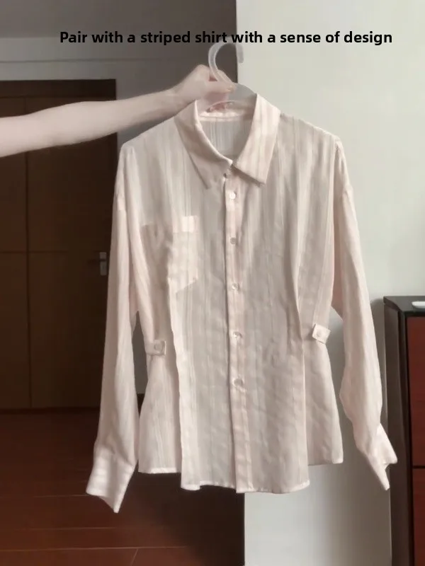 

Pink Striped Women's irt Spring 2026 Waist-Cinching Korean Sle Commute Design Sensation Small ence Open Cardigan