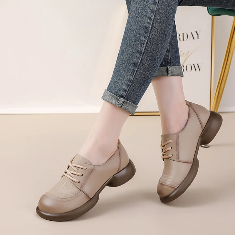 Casual Shoes Female Ladies Flats Vulcanized Shoes Genuine Leather Lace Up Flat Shoes Round Toe Classics Fashion Shoes For Woman