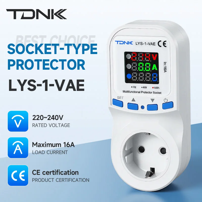TDNK EU Socket Protector 16A 220V Digital Voltmeter Ammeter Overvoltage Undervoltage Overcurrent Protection