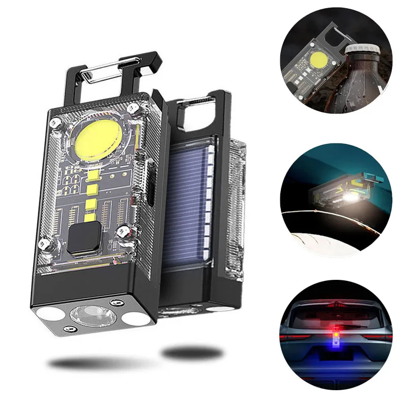 

COB Keychain Work Light with Dual Light Source Rechargeable Solar Powered 9Mode Magnet Base for Camping Fishing Repair Walk