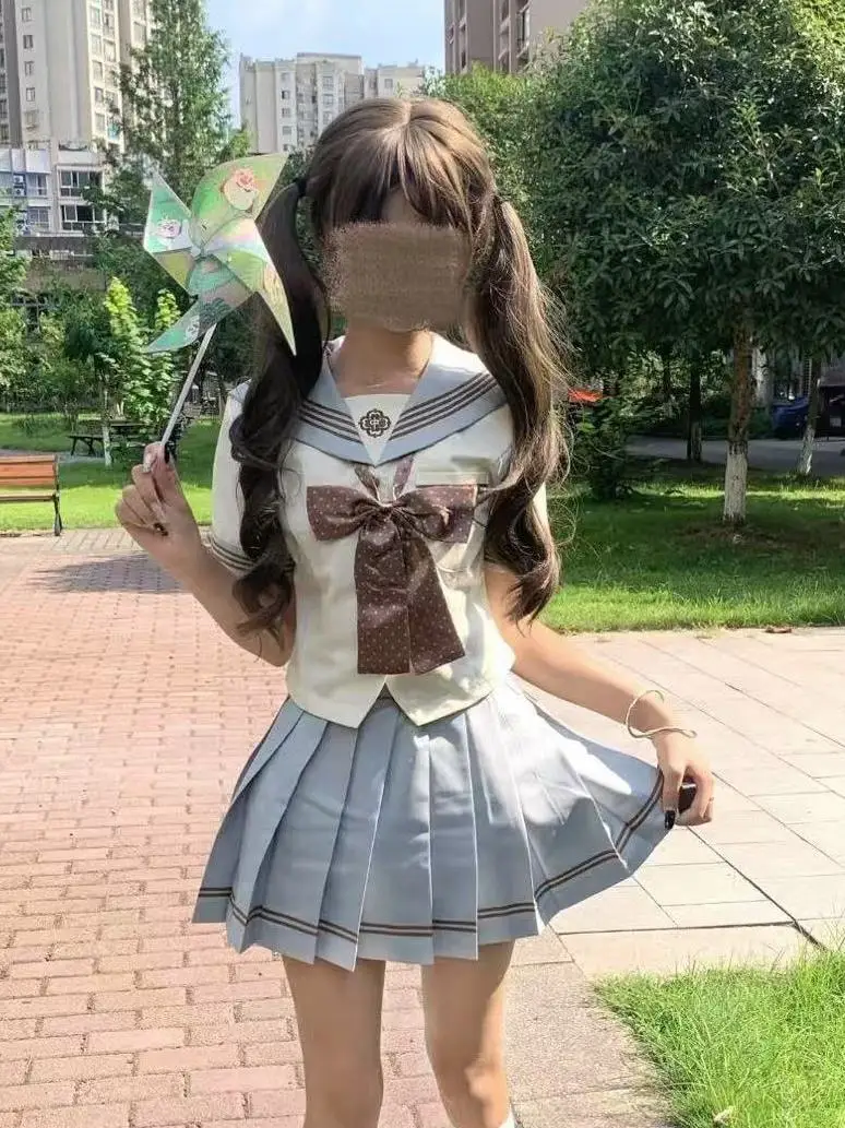 Mint Green Uniform Set Sailor Suit Girl School Uniform Spring Summer Breathable Polyester Blend Button up Shirt High Waist Skirt