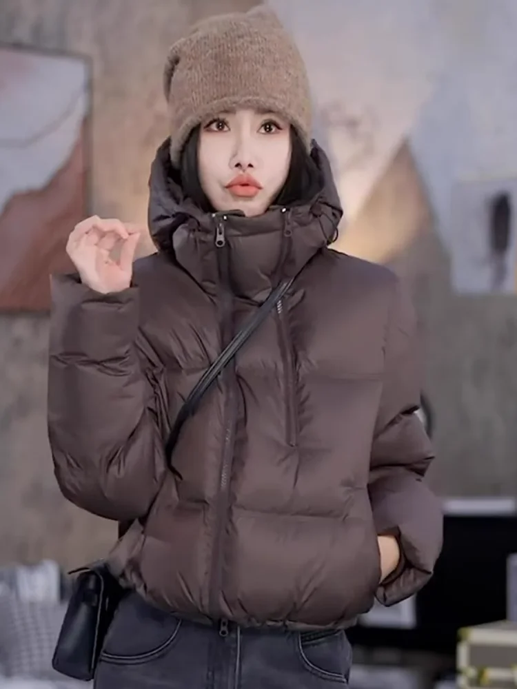 

Women's Quilted Padded Hooded Jacket Double Zipper Design Warm White Duck down Short Style Winter Outerwear Fashion Trend