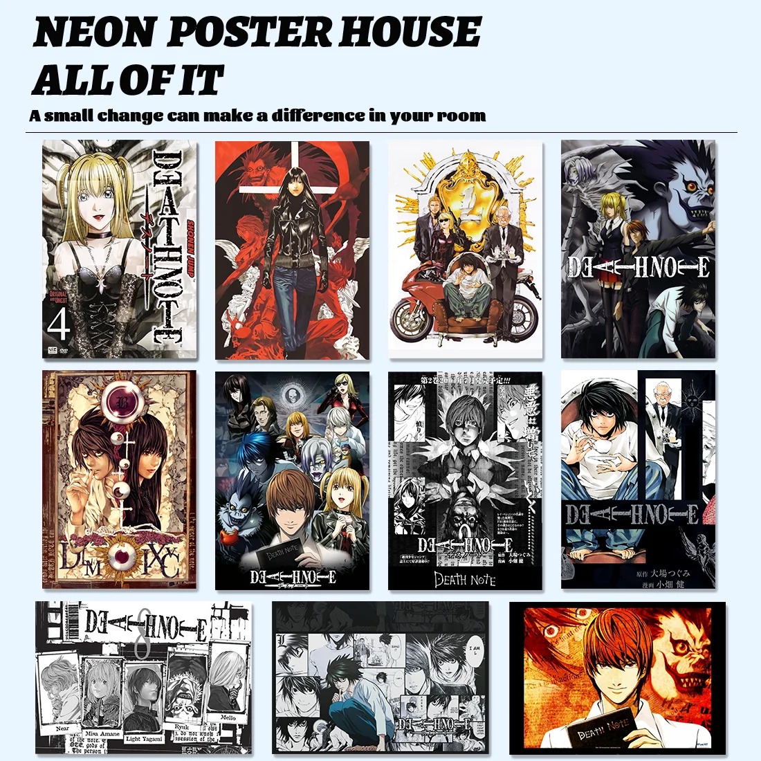 AZNM Death Note Leinwand-Wandkunst, Light Yagami L Lawliet Misa Amane Ryuk Anime-Poster, rahmenloser Leinwanddruck, japanisches Death Not – Detail 2